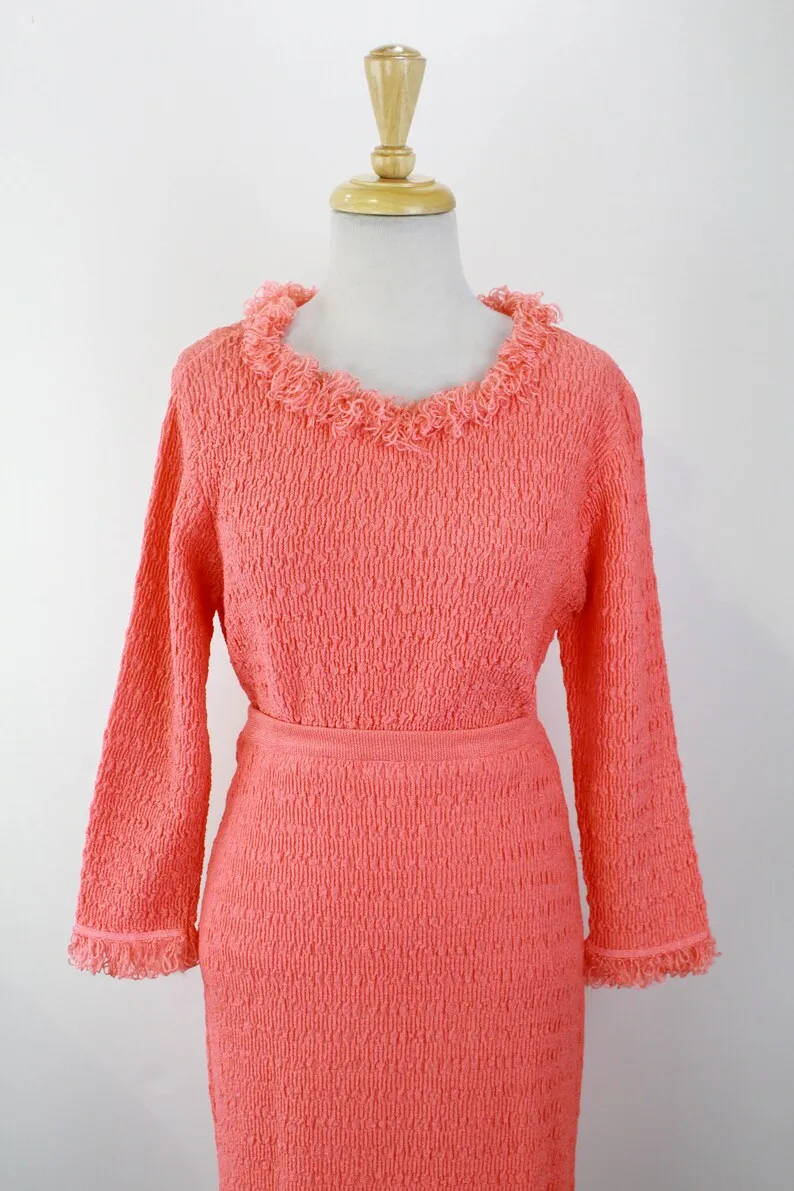 1960s Fuzzy Trim Salmon Pink Skirt and Top Set, Medium