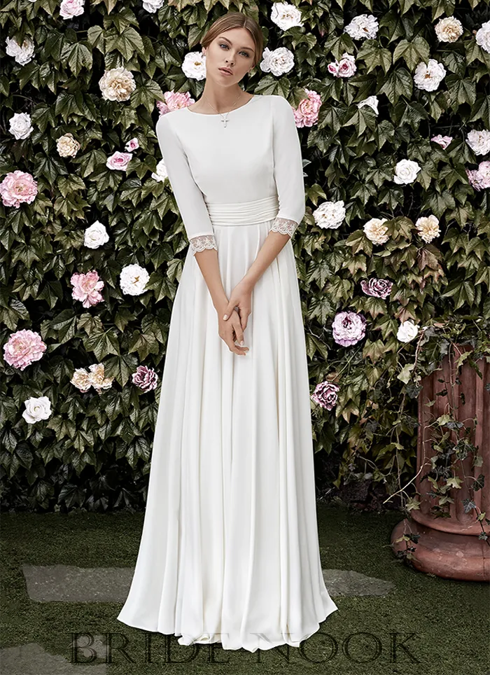 A Line Boat Neck Lace Borders Simple Satin Wedding Dress With 3/4 Sleeves