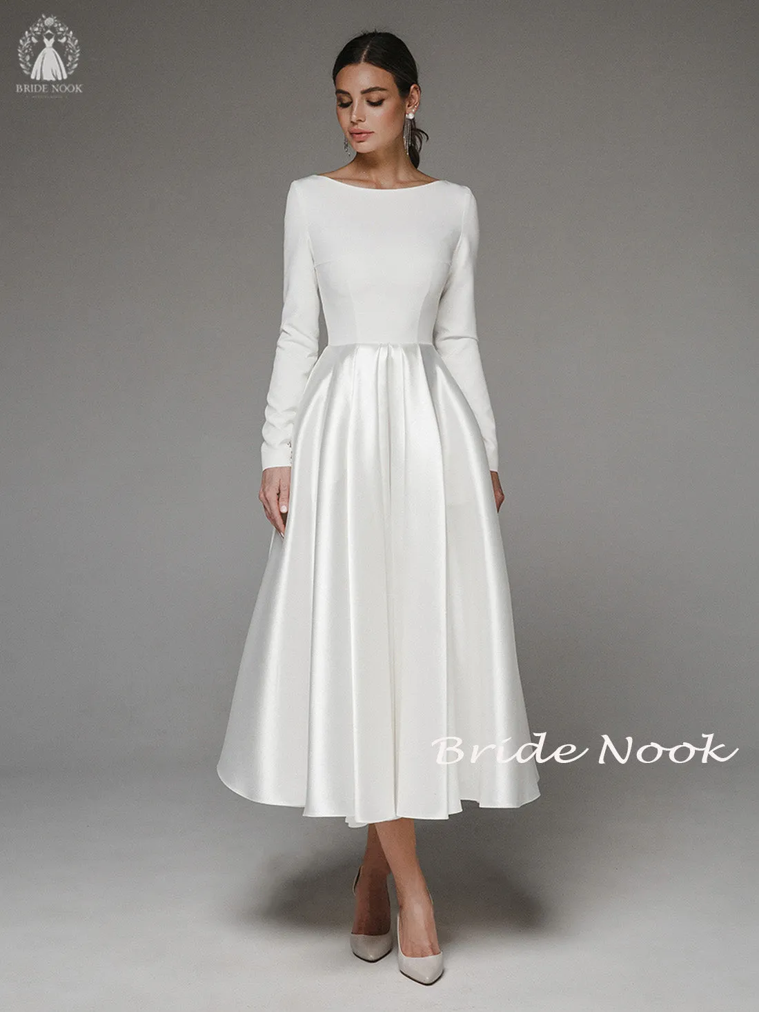 A Line Tea Length Midi Wedding Dress With long sleeves