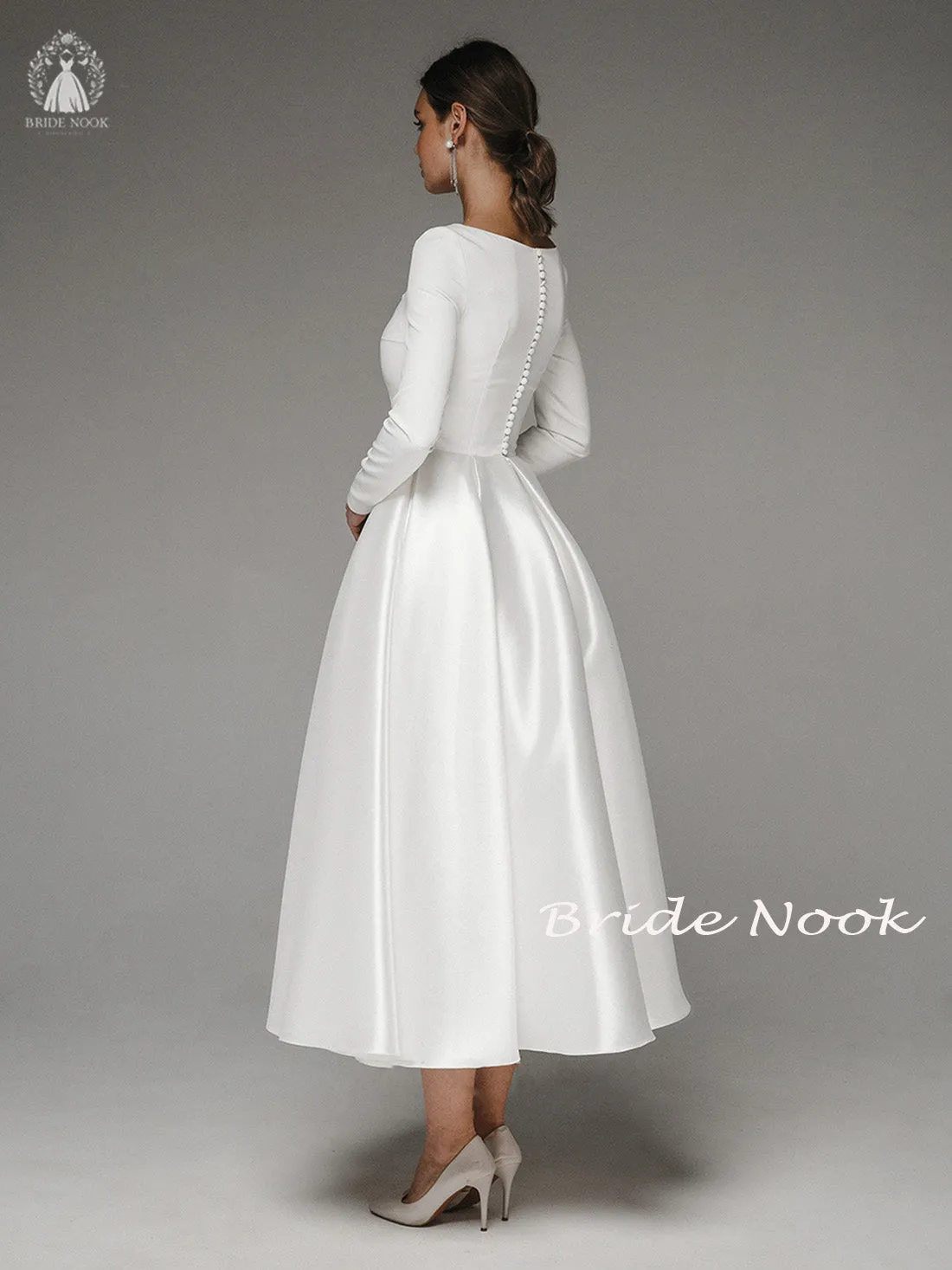 A Line Tea Length Midi Wedding Dress With long sleeves