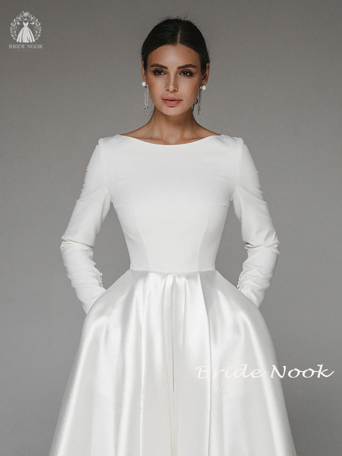 A Line Tea Length Midi Wedding Dress With long sleeves