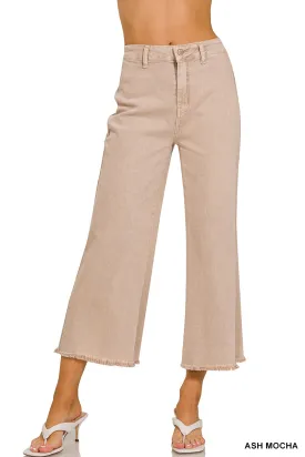 ACID WASHED HIGH WAIST FRAYED HEM STRAIGHT PANTS