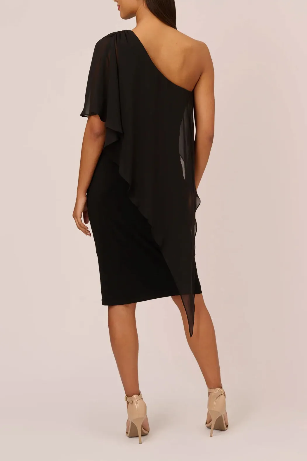 Adrianna Papell One Shoulder Bodycon ITY Dress with Chiffon Cape