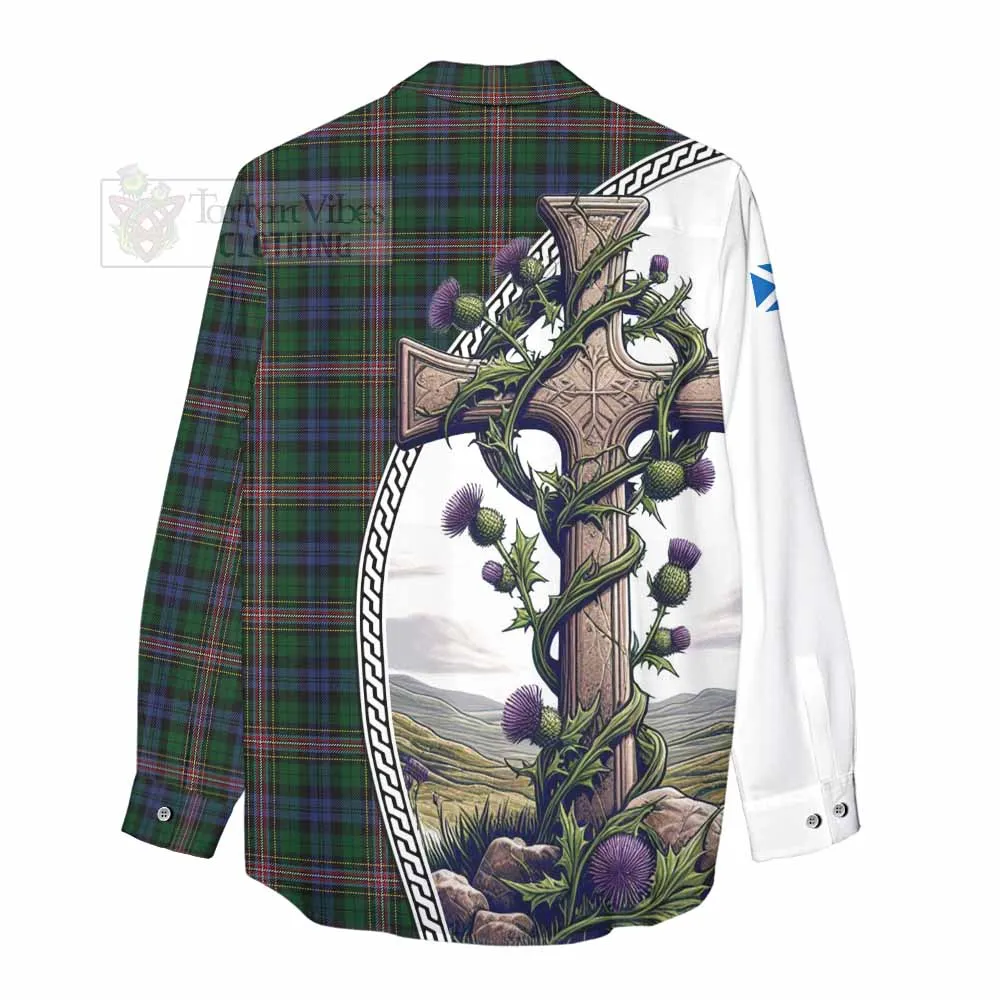 Allison Tartan Women's Casual Shirt with Family Crest and St. Andrew's Cross Accented by Thistle Vines