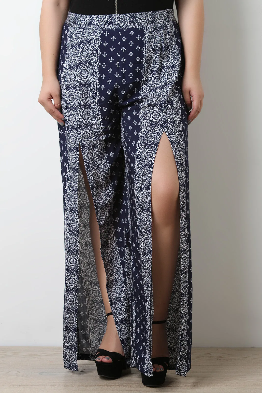 Bandana Print Slit Wide Leg Pants