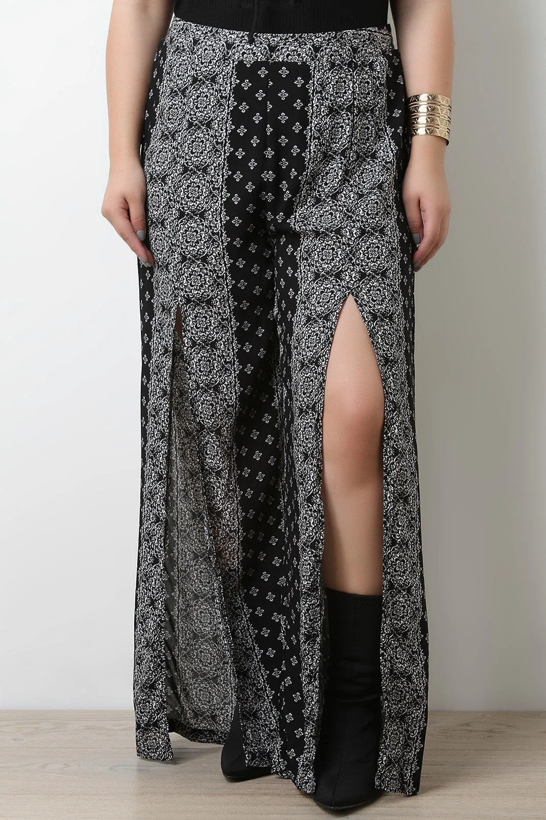 Bandana Print Slit Wide Leg Pants