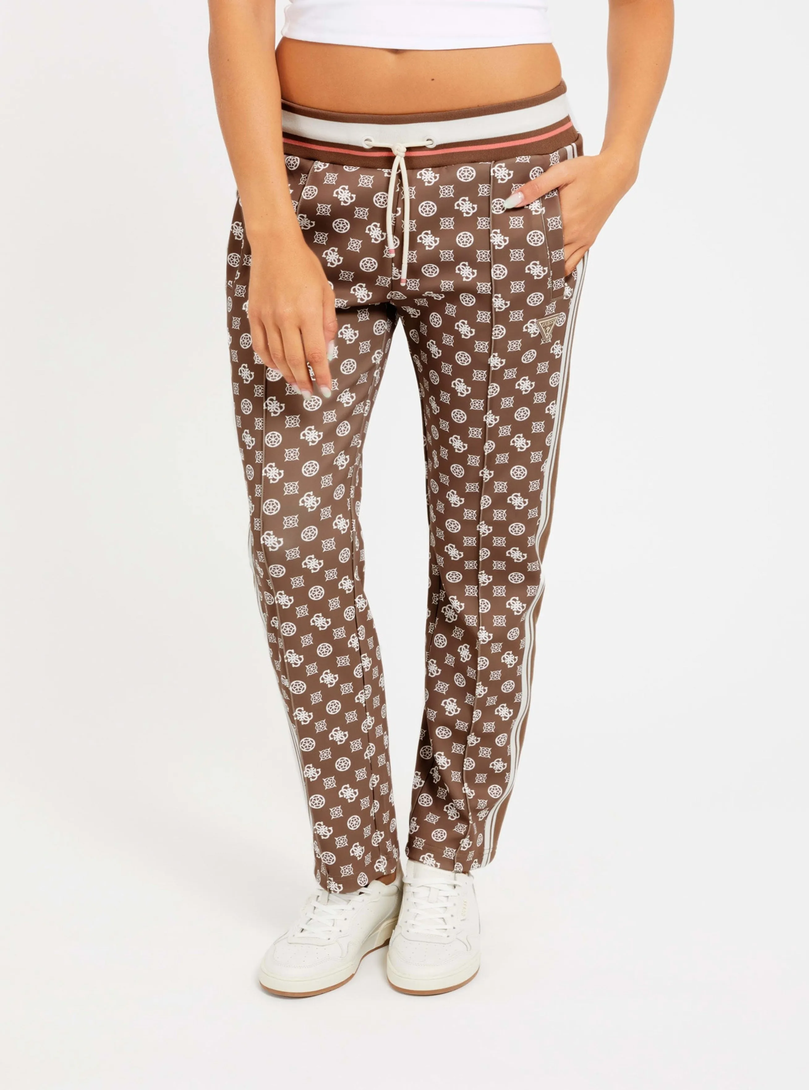 Beige Brown Logo Active Pants