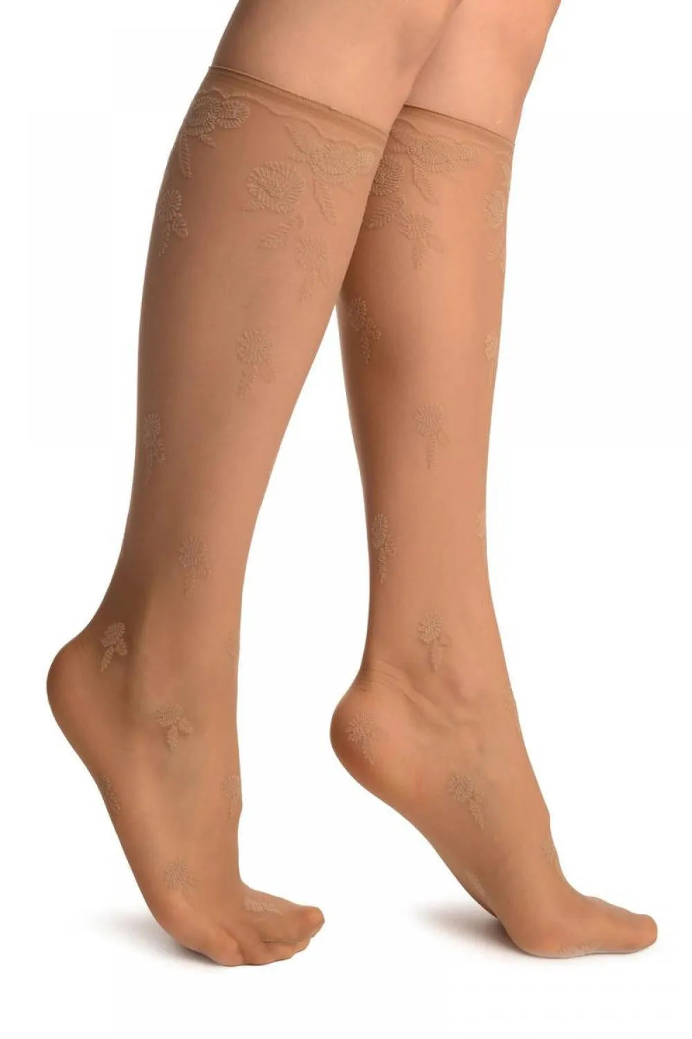 Beige Chrysanthemum Flowers With Comfortable Top Socks Knee High