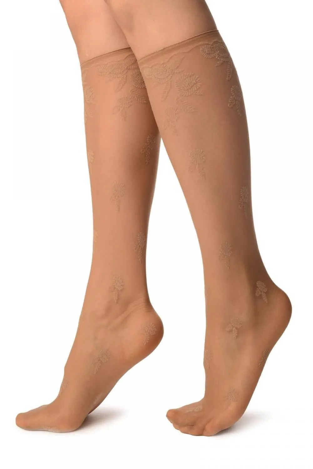 Beige Chrysanthemum Flowers With Comfortable Top Socks Knee High