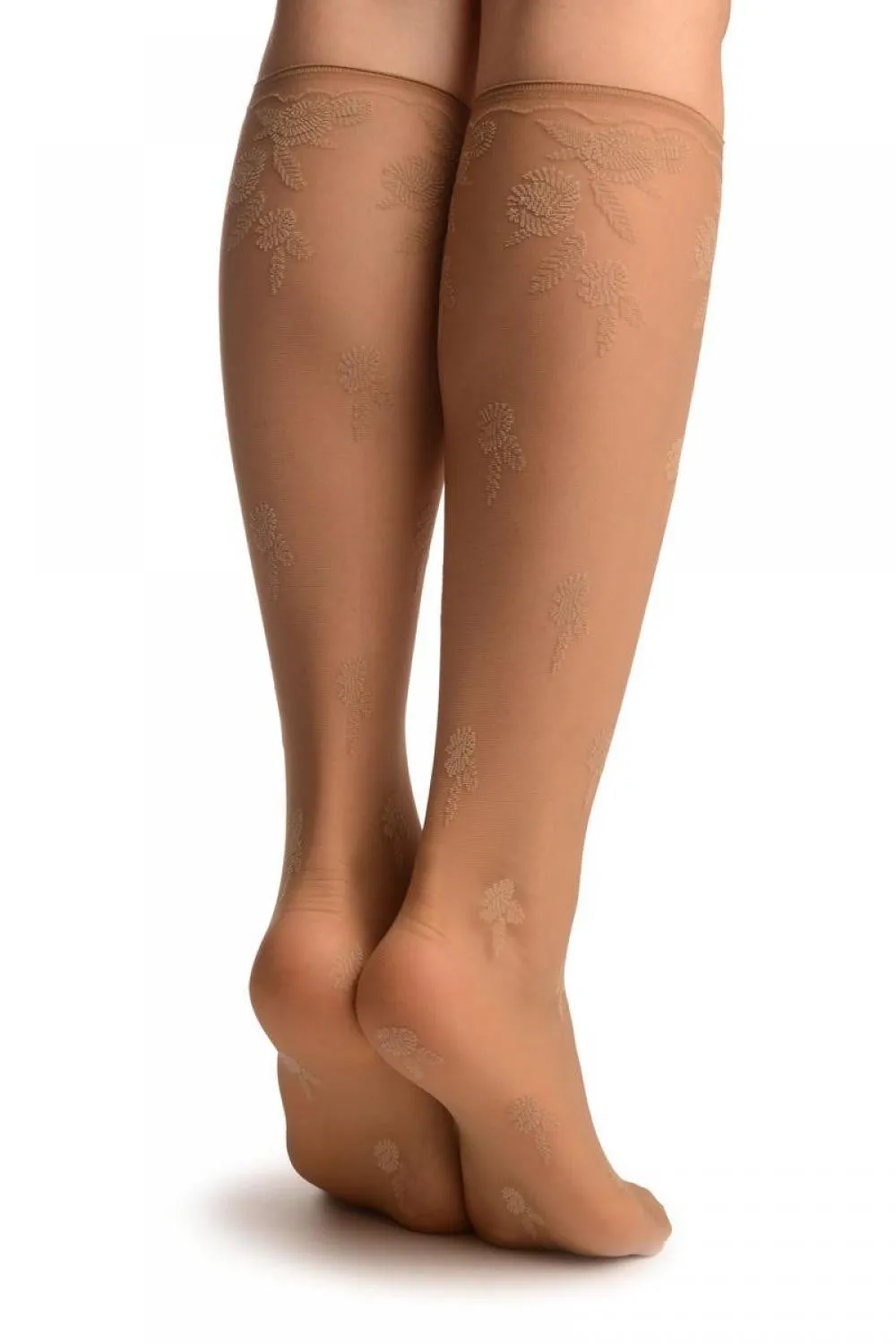 Beige Chrysanthemum Flowers With Comfortable Top Socks Knee High