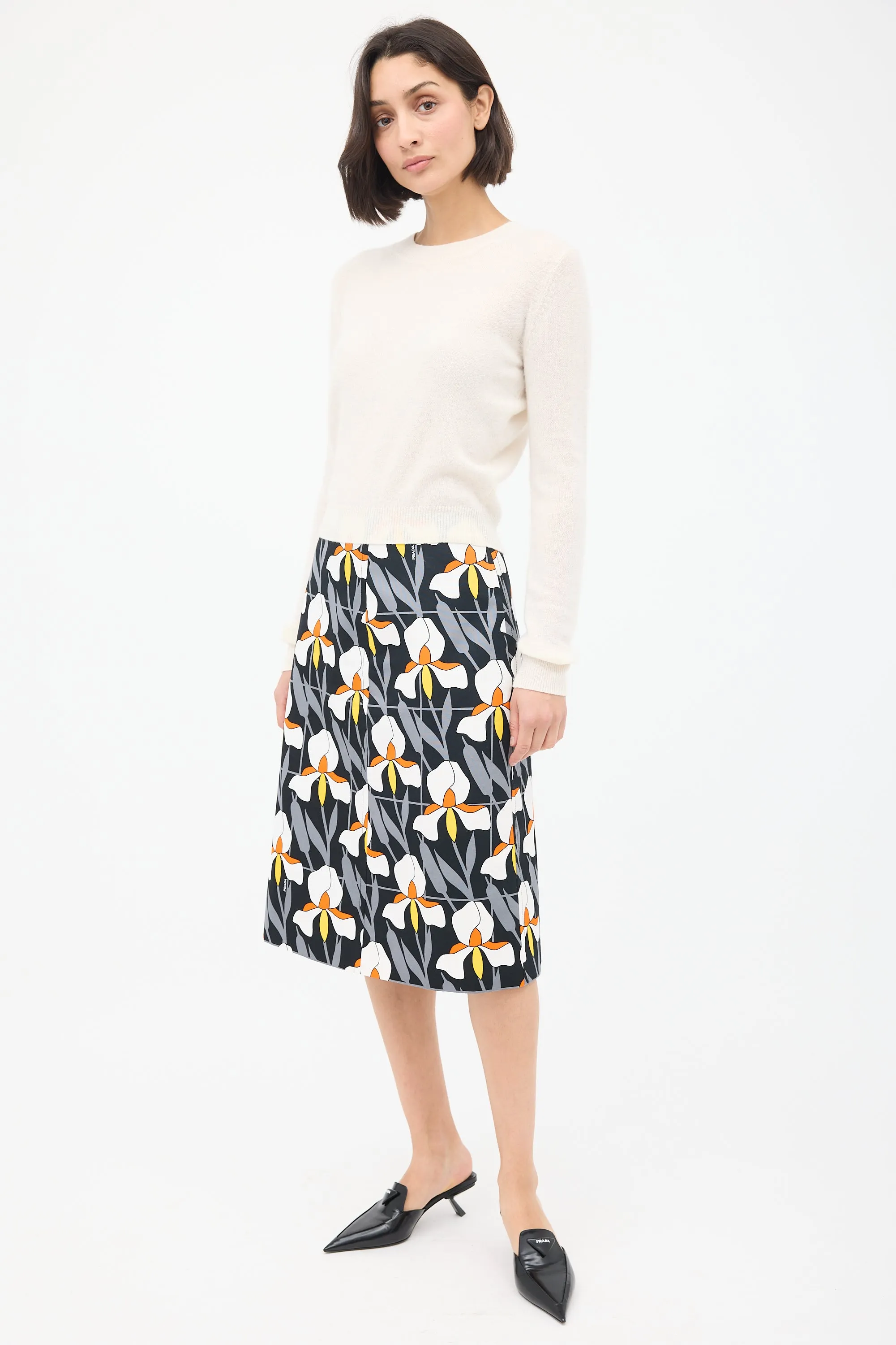 Black & Multicolour Cotton Floral Pencil Skirt