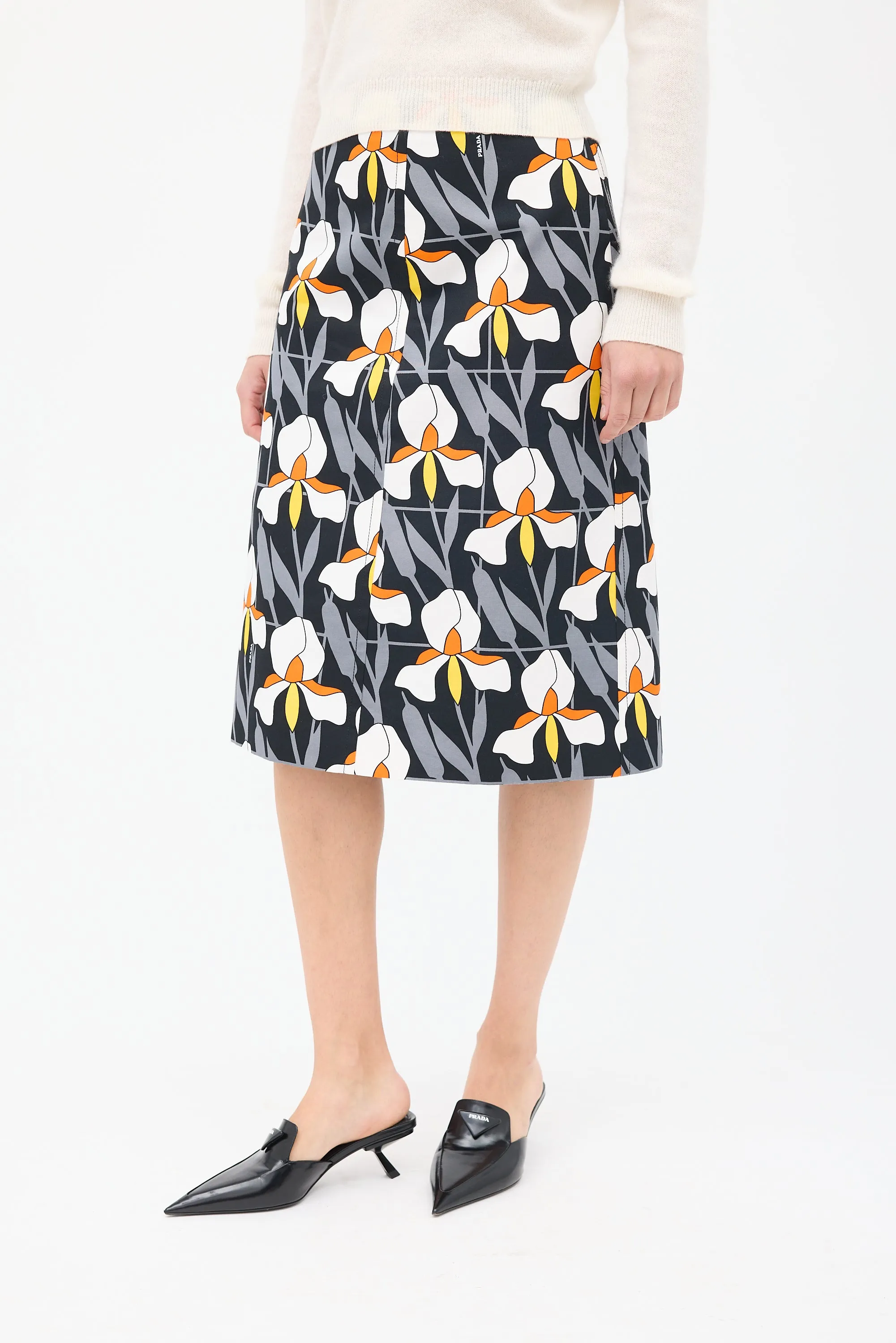 Black & Multicolour Cotton Floral Pencil Skirt