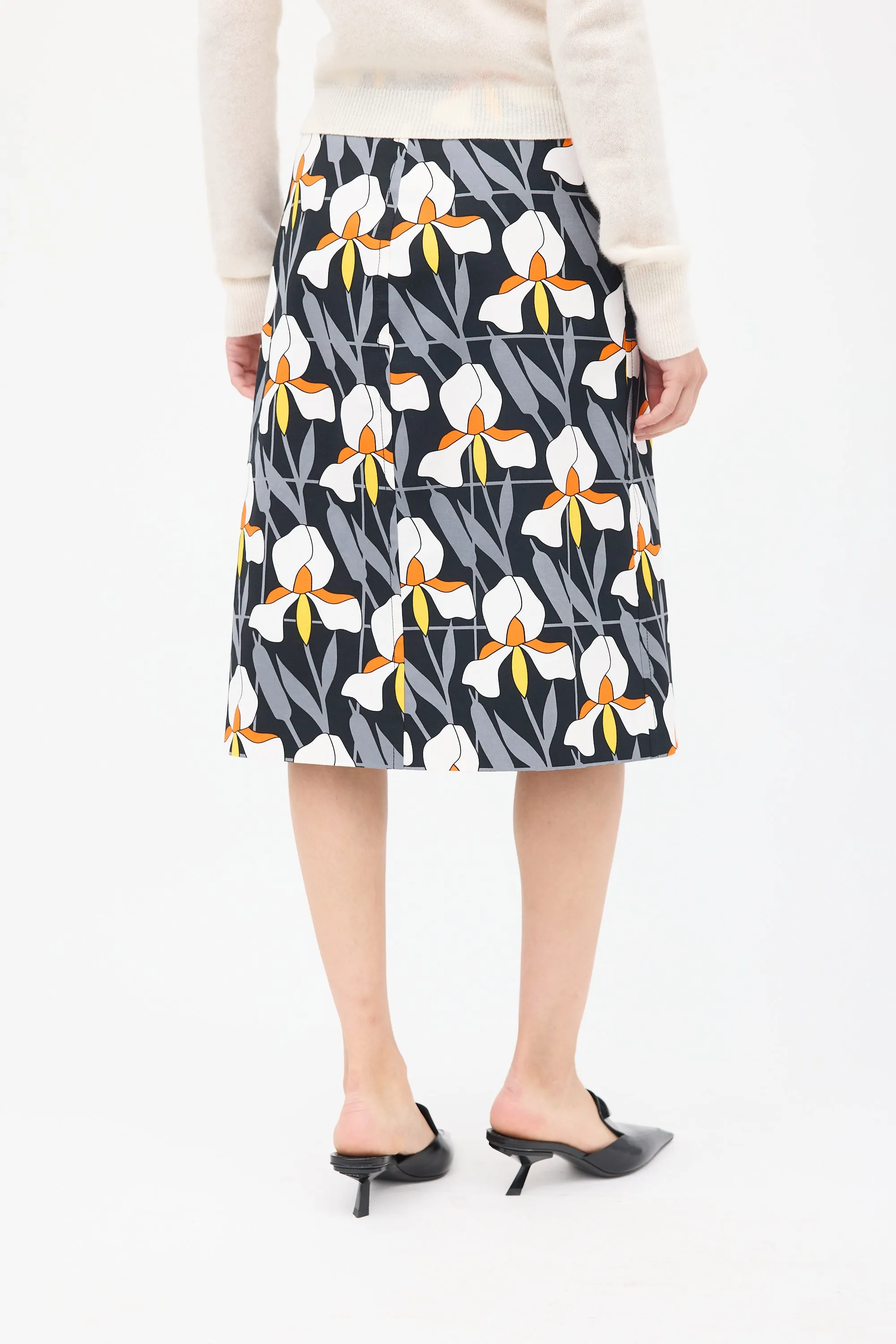 Black & Multicolour Cotton Floral Pencil Skirt