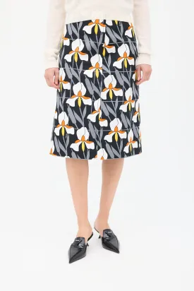 Black & Multicolour Cotton Floral Pencil Skirt