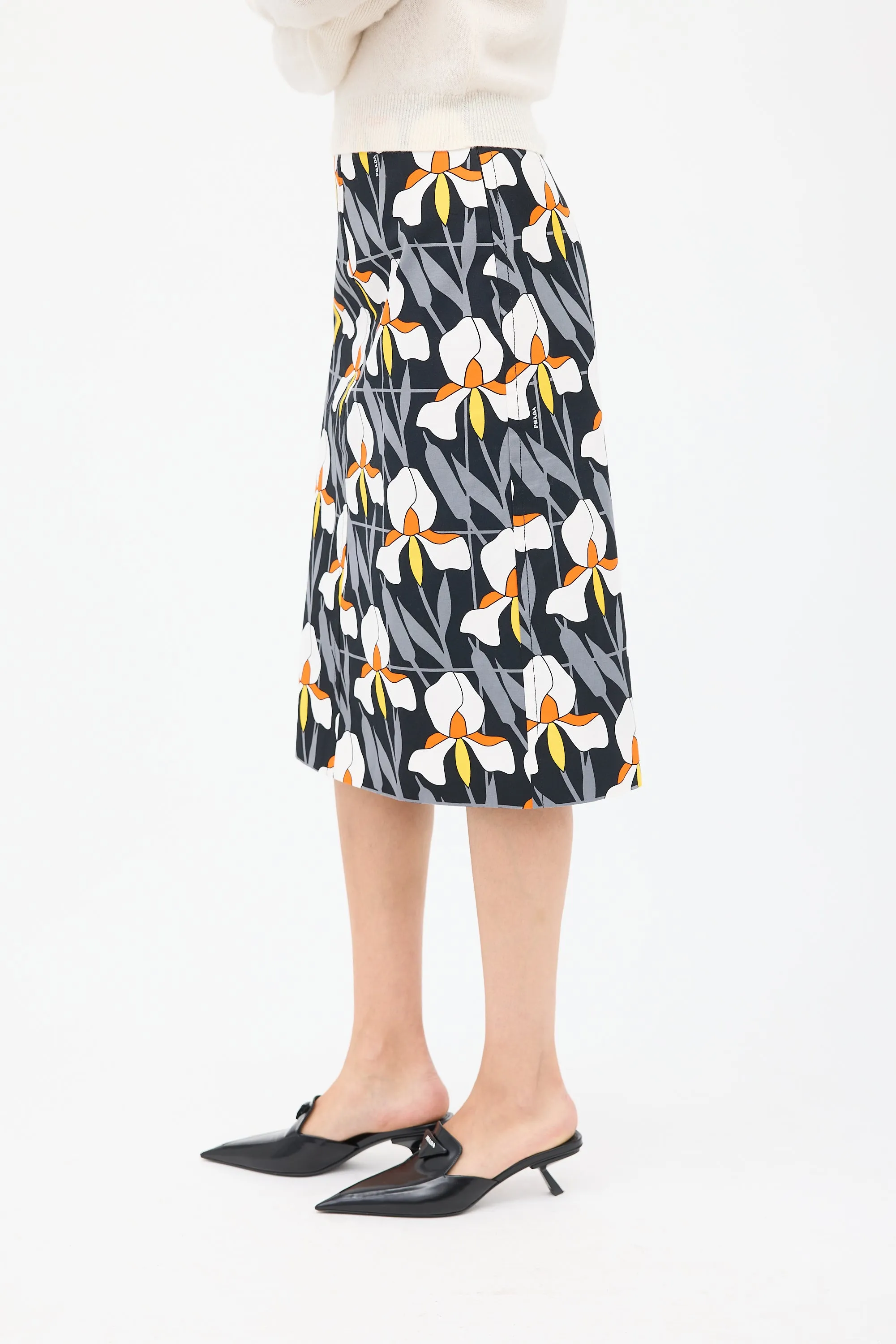 Black & Multicolour Cotton Floral Pencil Skirt