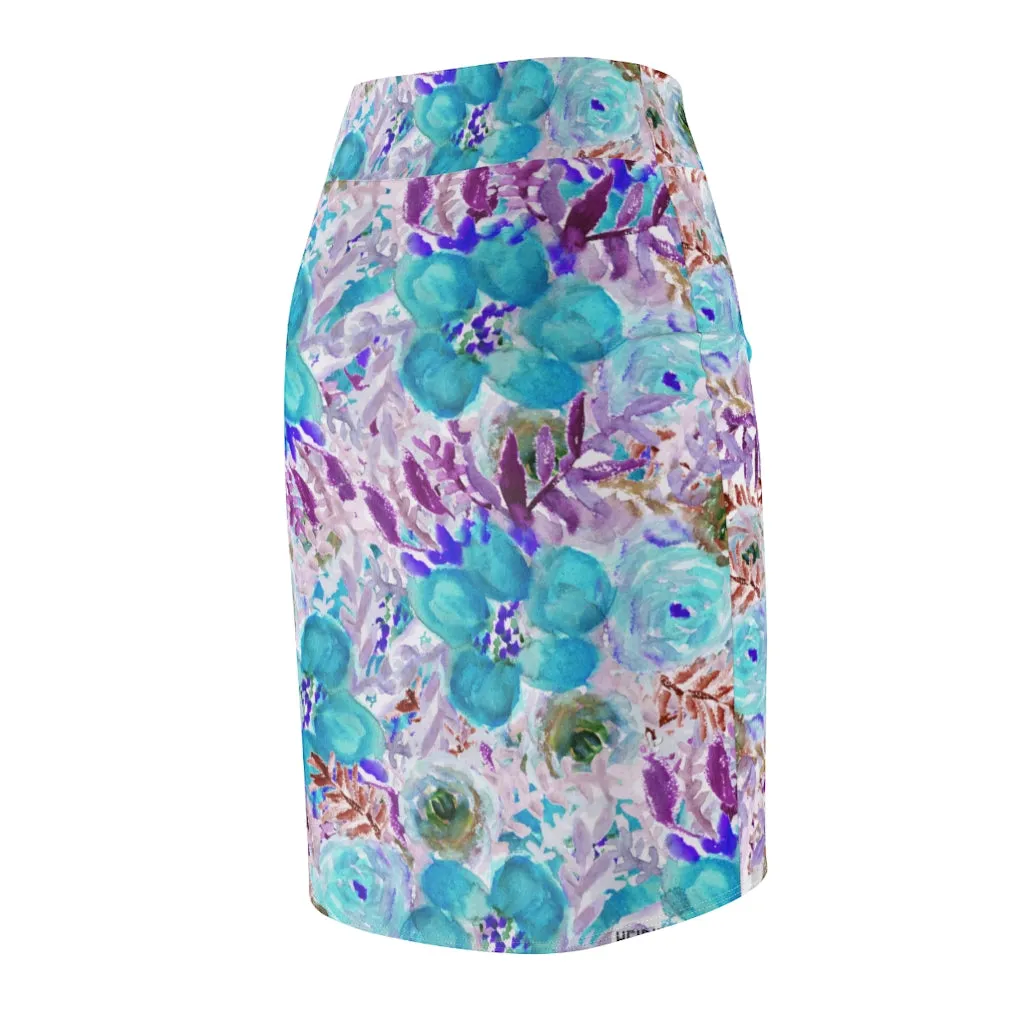 Blue Purple Floral Women's Skirt, Best Flower Print Girlie Best Designer Pencil Skirt-Made in USA