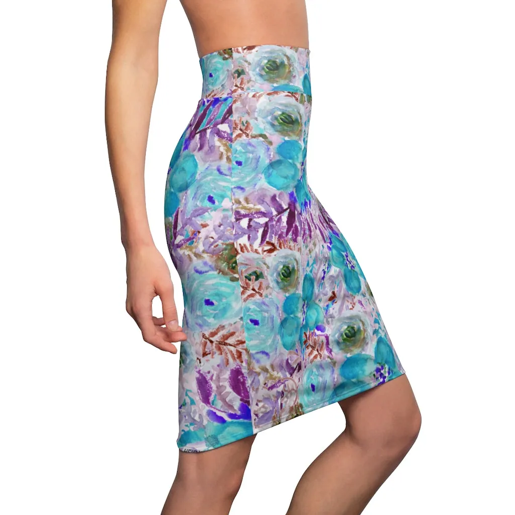 Blue Purple Floral Women's Skirt, Best Flower Print Girlie Best Designer Pencil Skirt-Made in USA