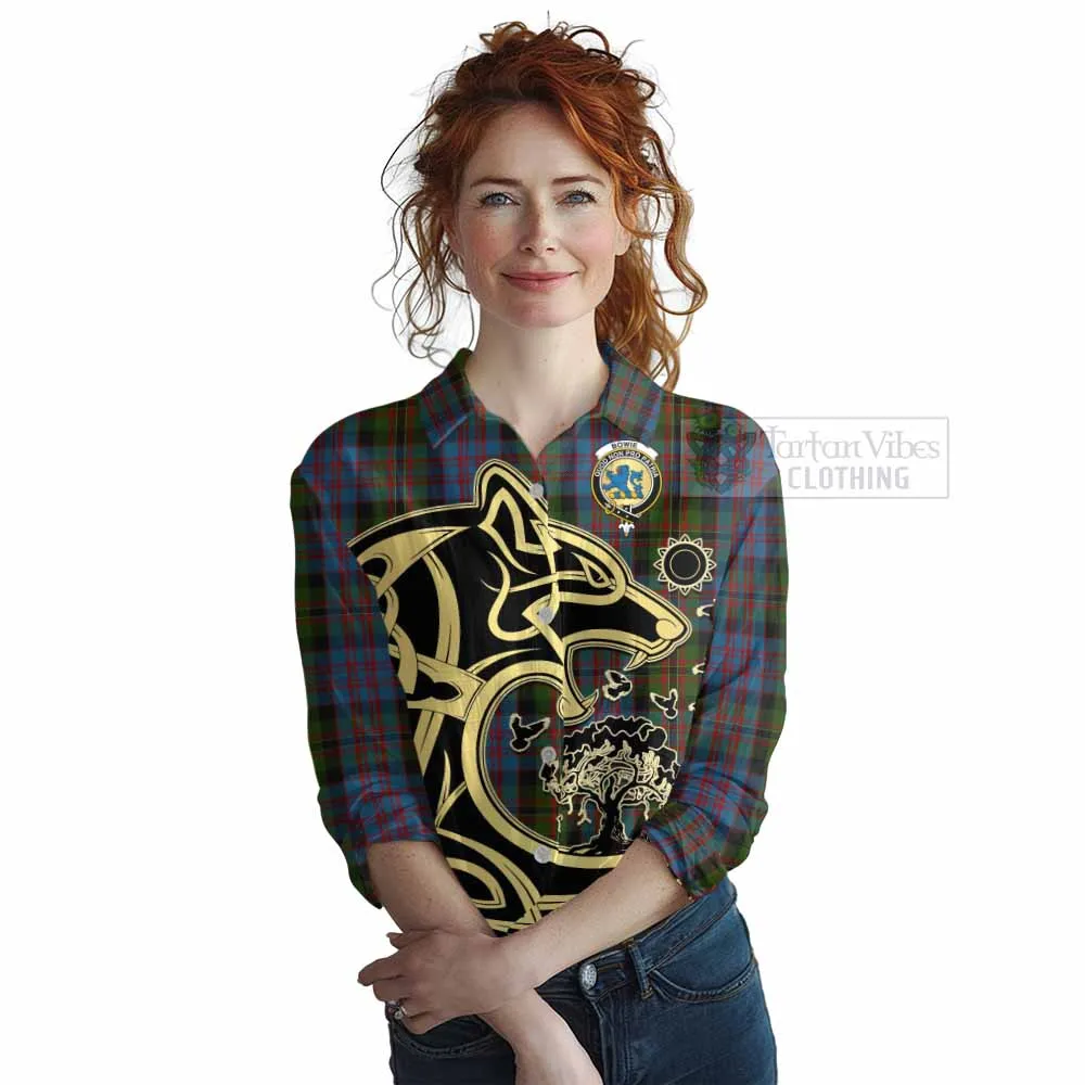 Bowie Tartan Women's Casual Shirt with Family Crest Celtic Wolf Style