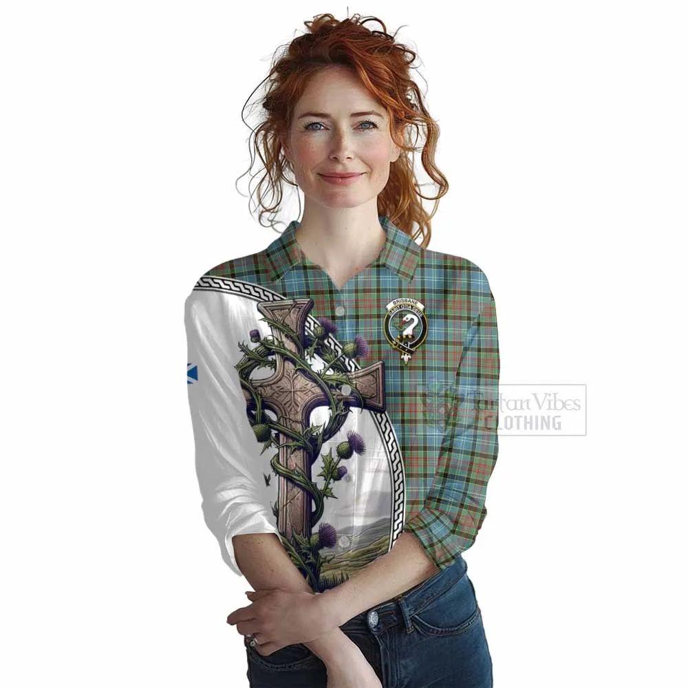 Brisbane Tartan Women's Casual Shirt with Family Crest and St. Andrew's Cross Accented by Thistle Vines