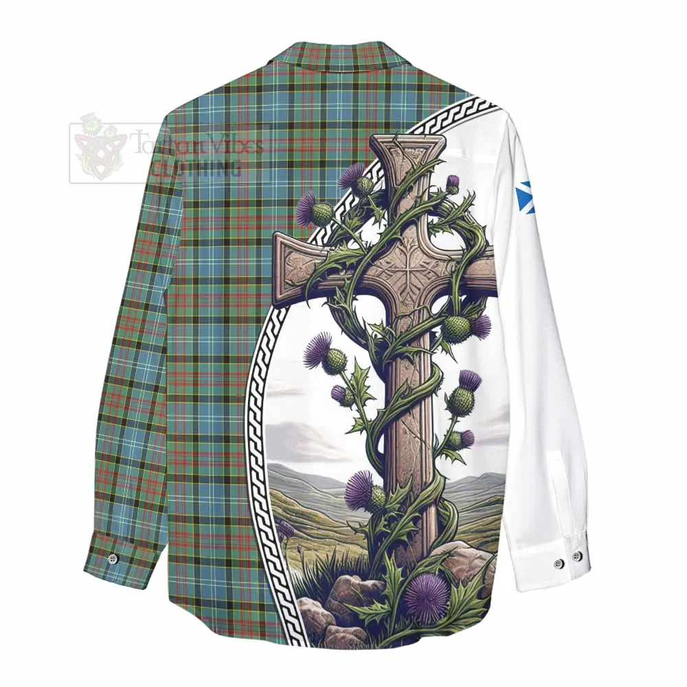 Brisbane Tartan Women's Casual Shirt with Family Crest and St. Andrew's Cross Accented by Thistle Vines