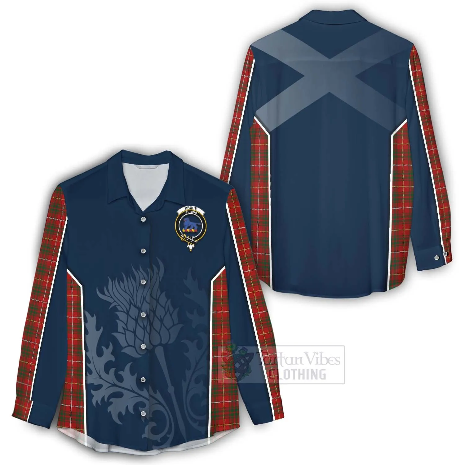 Bruce Tartan Women's Casual Shirt with Family Crest and Scottish Thistle Vibes Sport Style