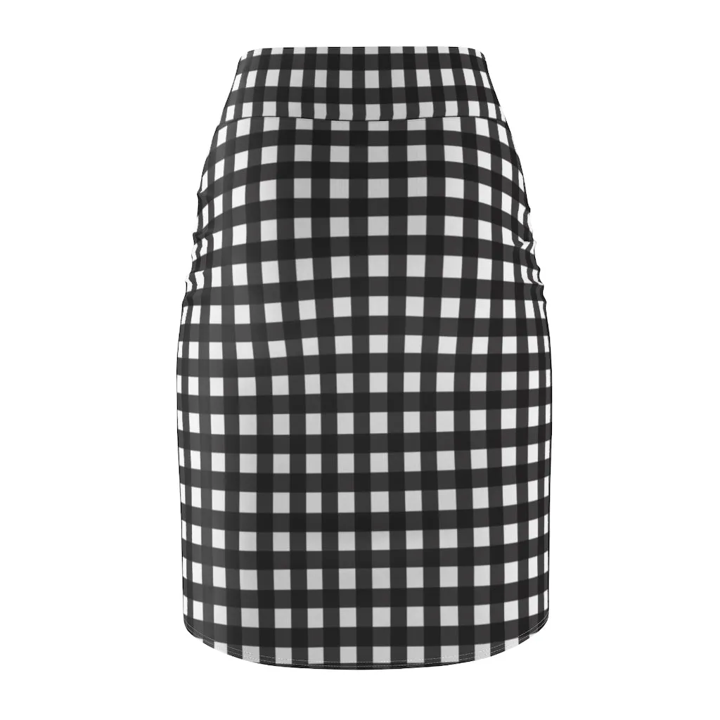 Buffalo Plaid Women's Pencil Skirt, Black White Plaid Print Designer Skirt For Ladies-Made in USA