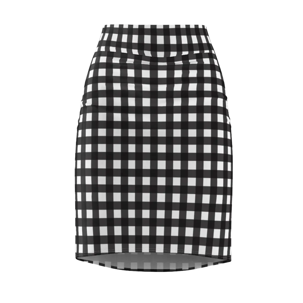 Buffalo Plaid Women's Pencil Skirt, Black White Plaid Print Designer Skirt For Ladies-Made in USA