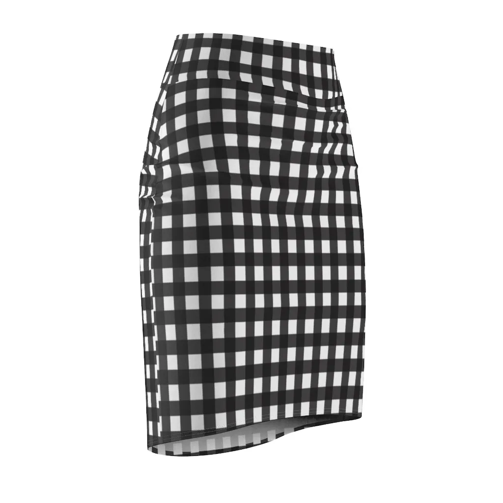 Buffalo Plaid Women's Pencil Skirt, Black White Plaid Print Designer Skirt For Ladies-Made in USA