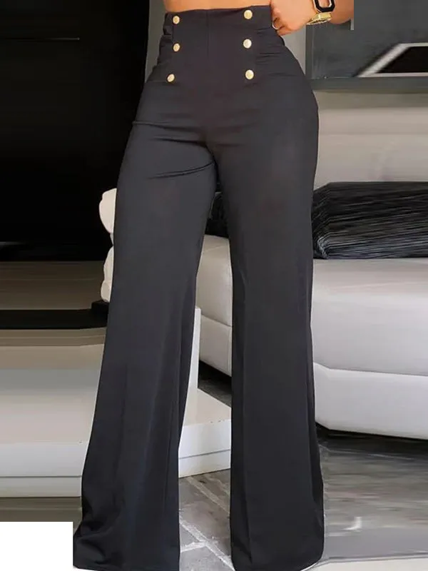 Buttoned High Waisted Wide Leg Trousers Pants