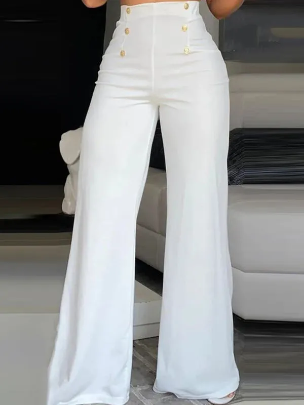 Buttoned High Waisted Wide Leg Trousers Pants