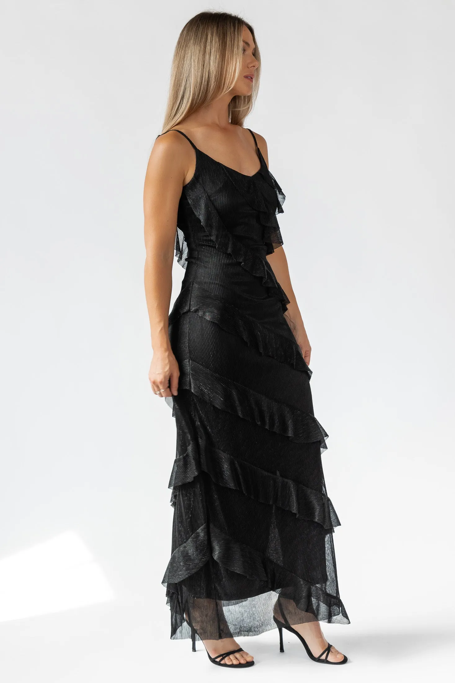 Caelyn Black Metallic Ruffle Maxi Dress - Final Sale