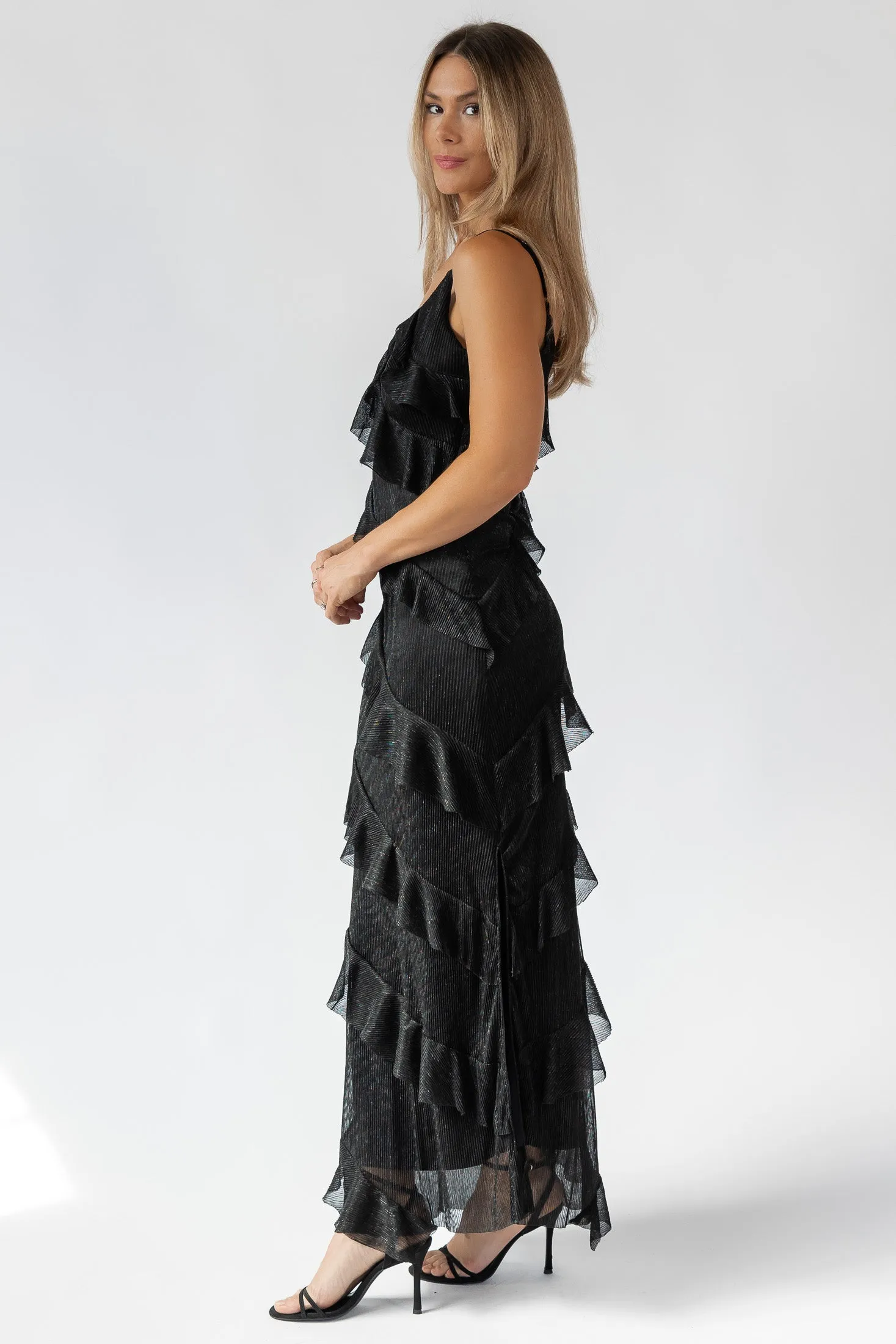 Caelyn Black Metallic Ruffle Maxi Dress - Final Sale