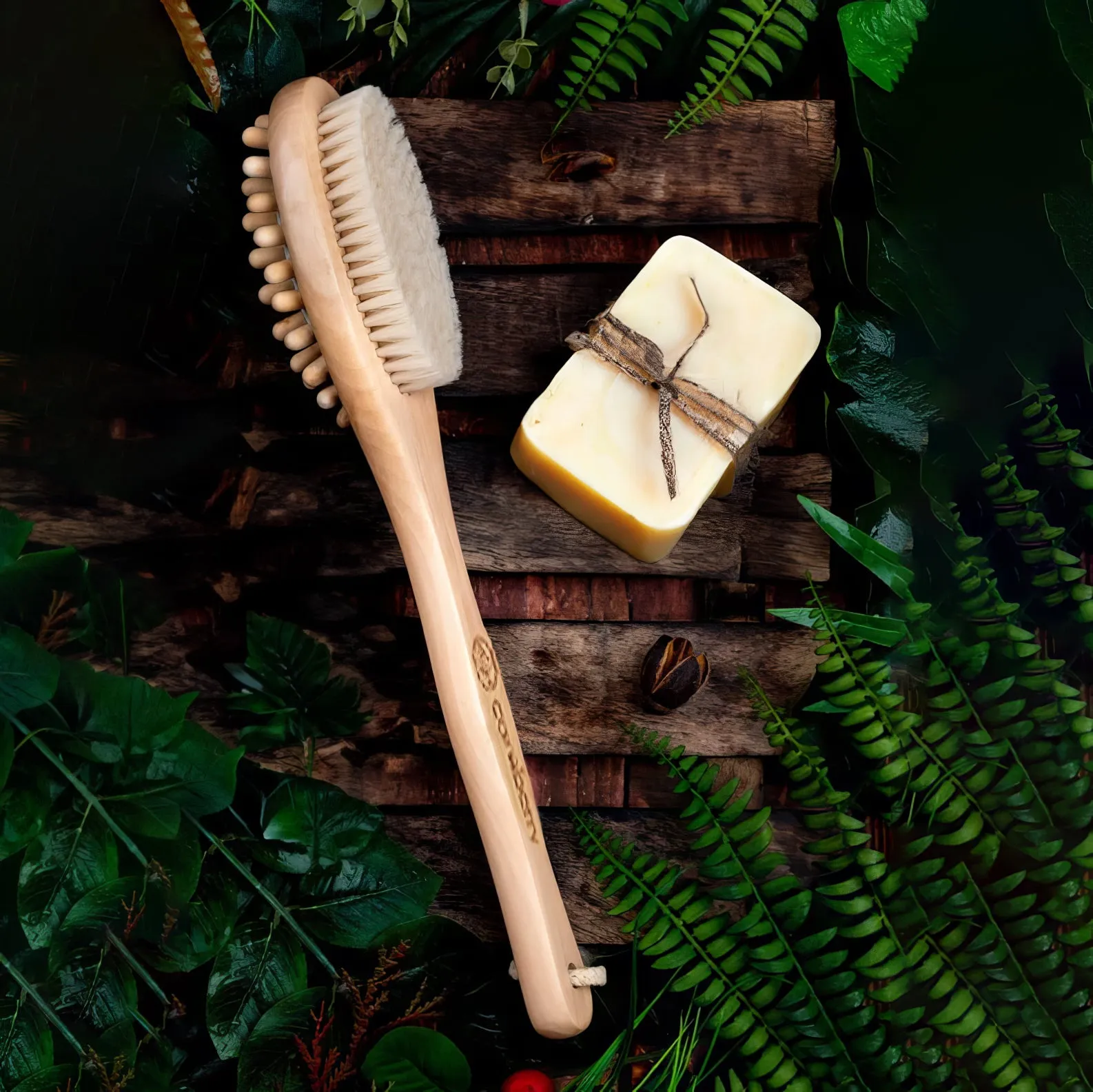 Careberry's Dual-Action Bamboo Body Brush | Exfoliating Wet & Dry Bath Brush | Removes Dead Skin | Body Back Massager Wooden Brush