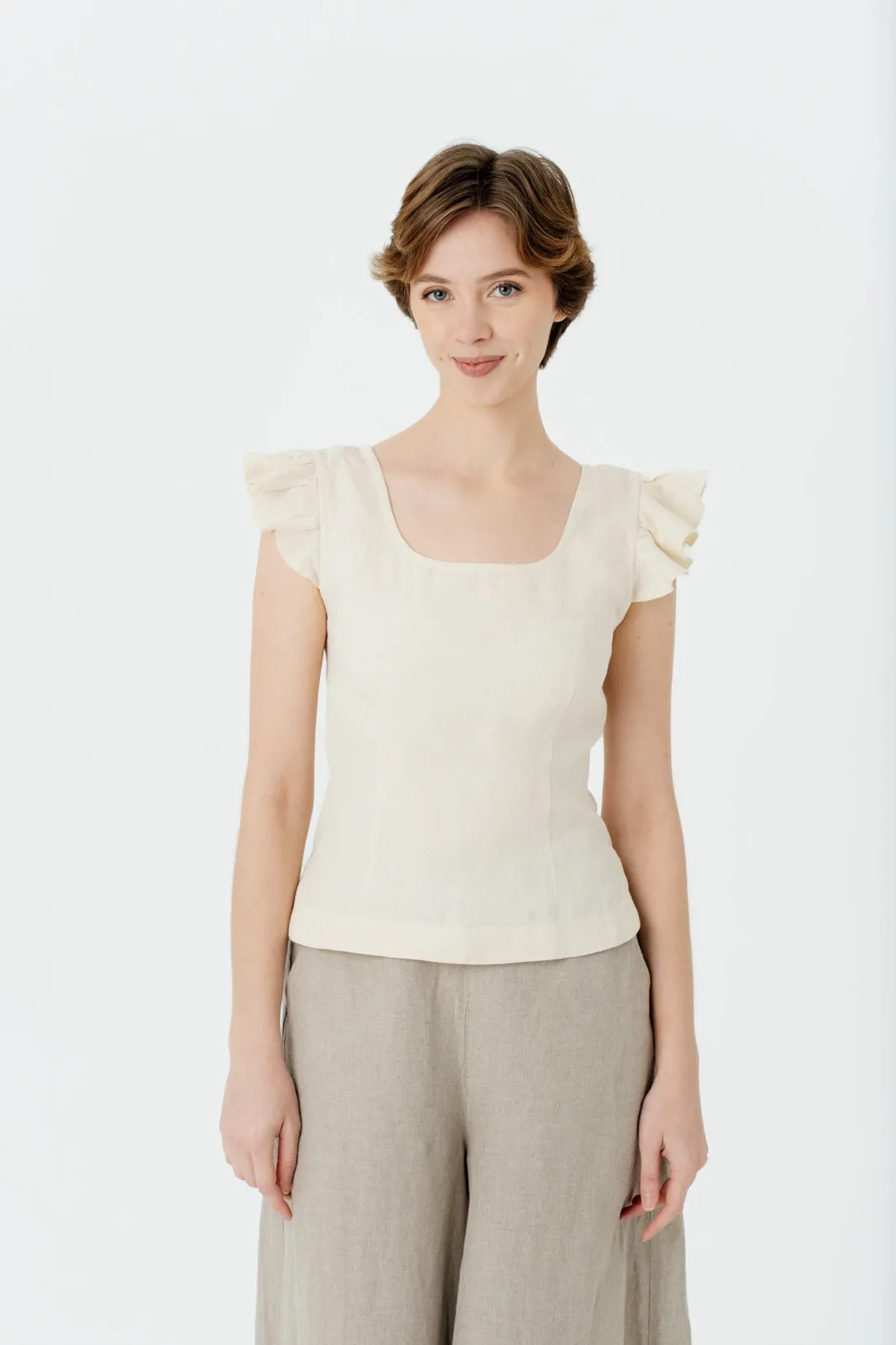 Carmen Top, Ruffle Sleeve, Hemp, Milky White