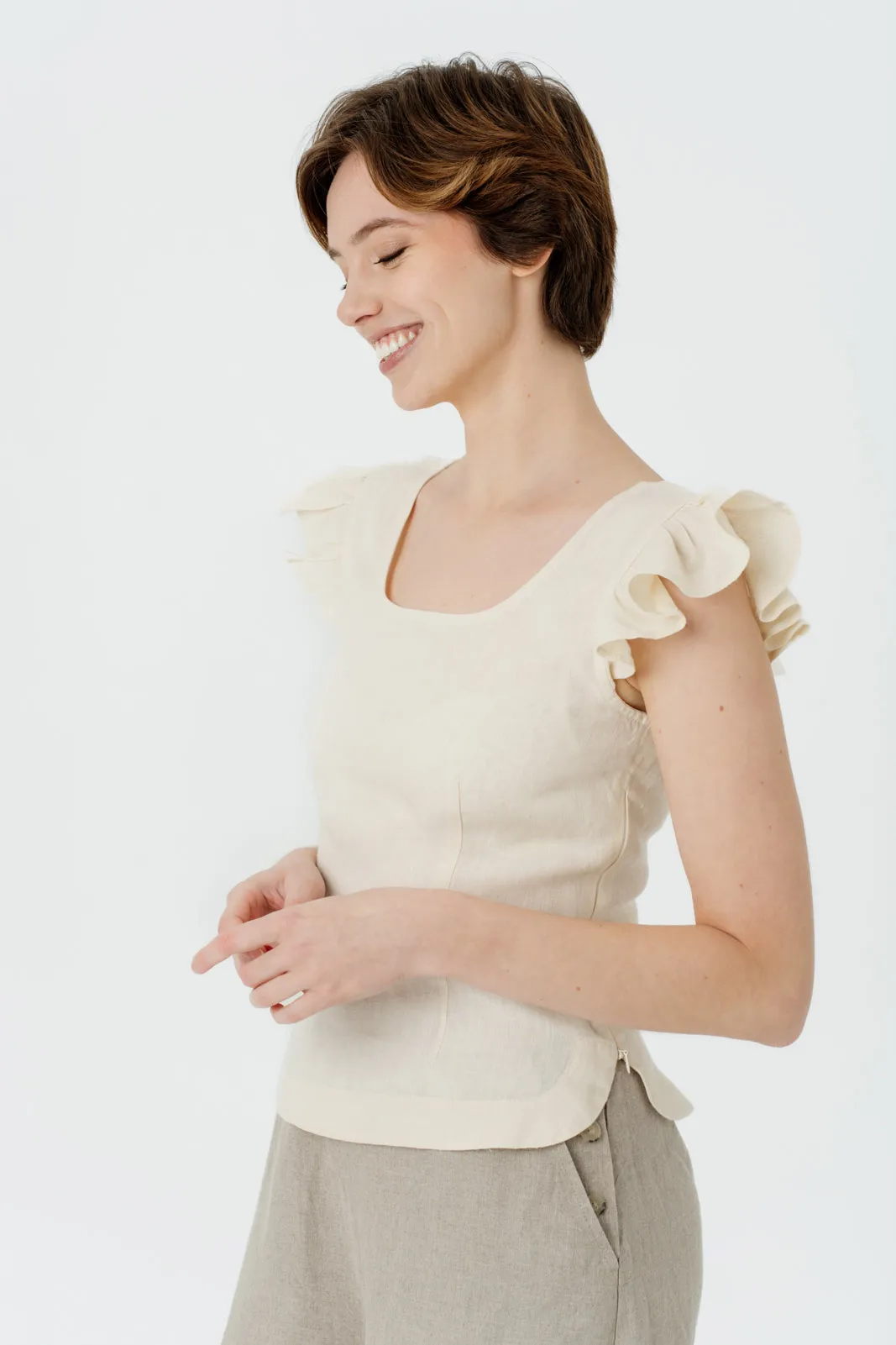 Carmen Top, Ruffle Sleeve, Hemp, Milky White