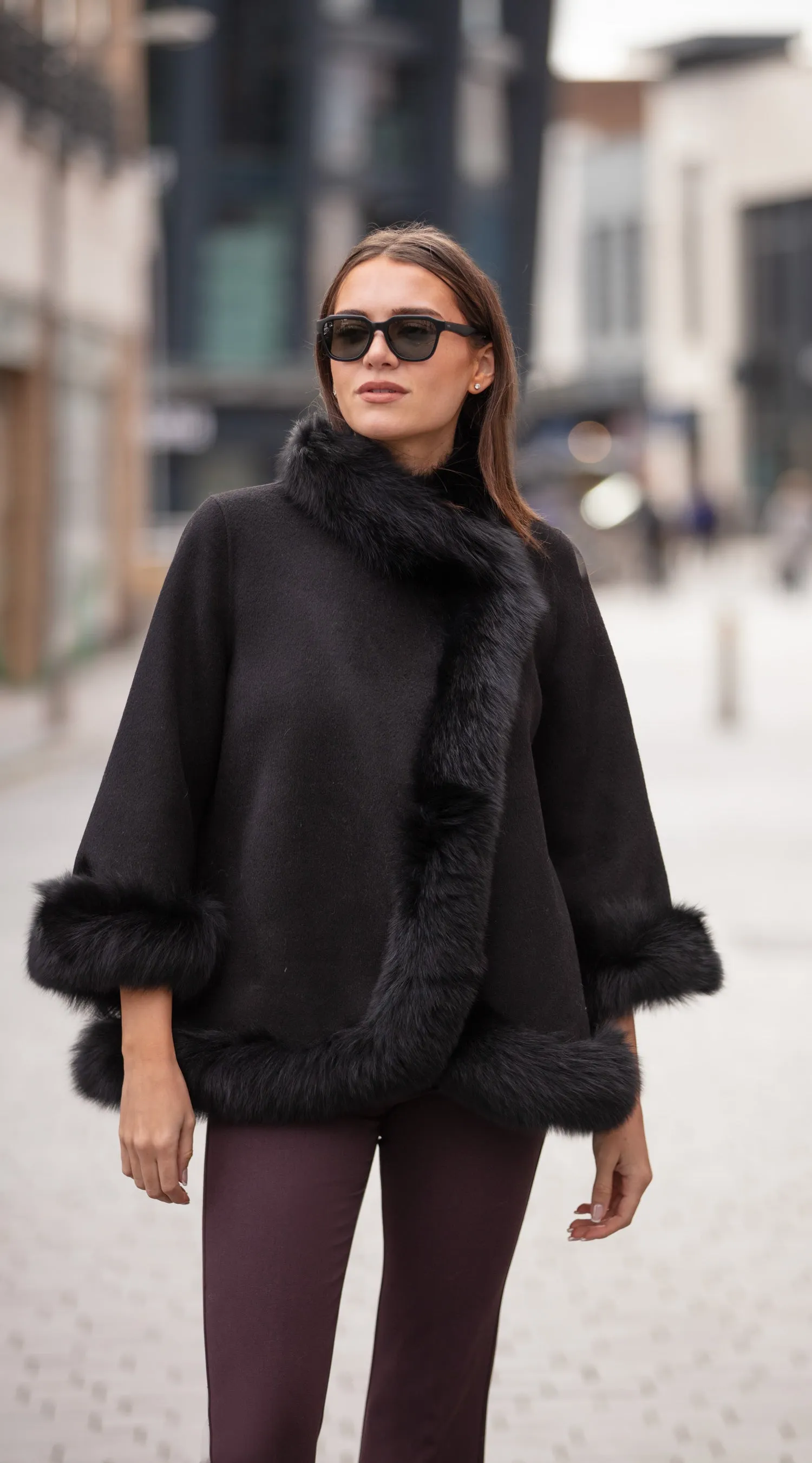 Cashmere & Fox Fur Wrap Coat - Black