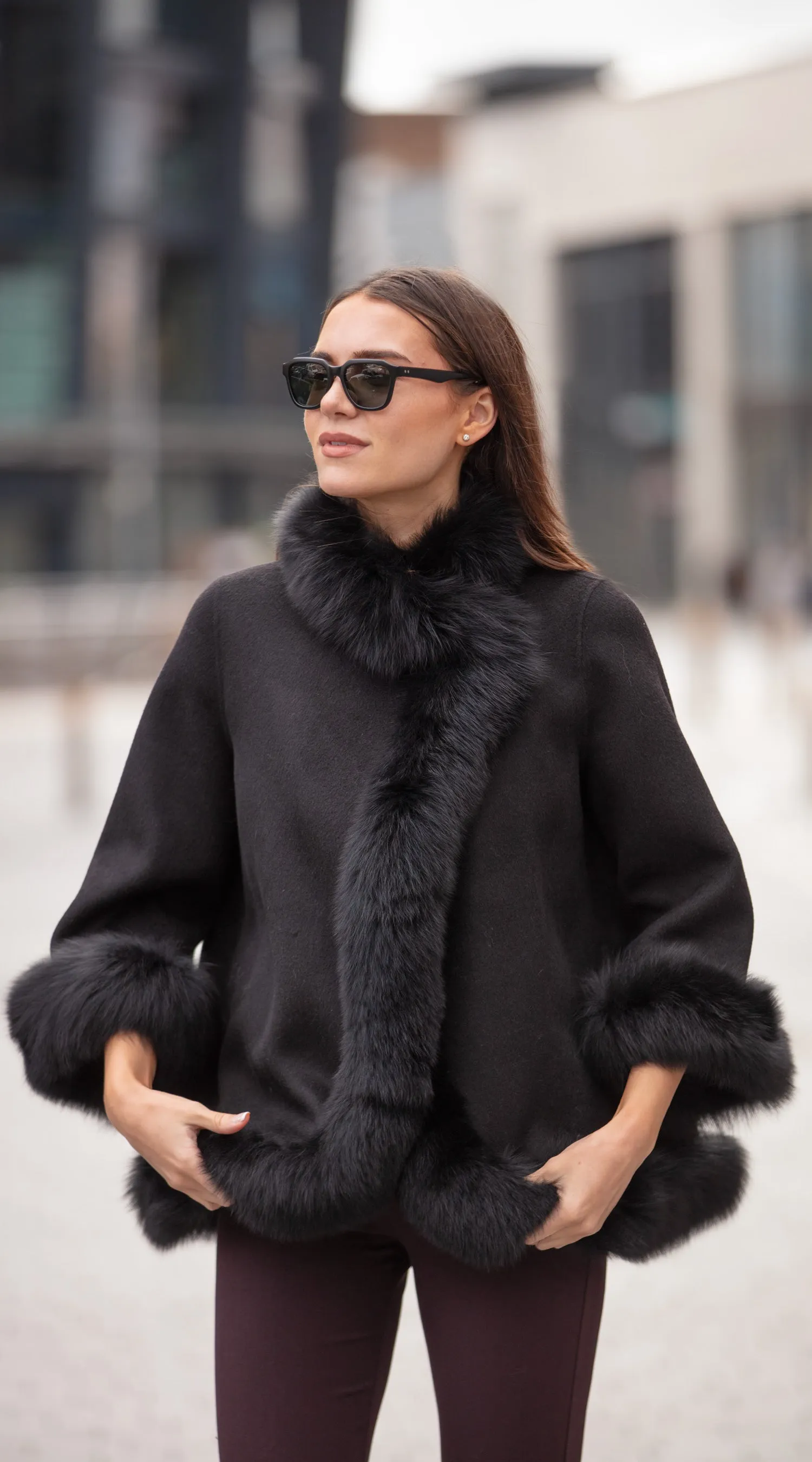 Cashmere & Fox Fur Wrap Coat - Black