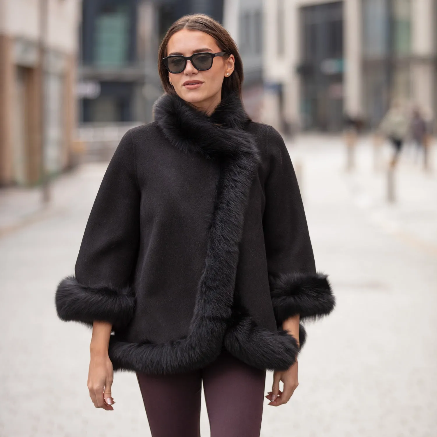 Cashmere & Fox Fur Wrap Coat - Black