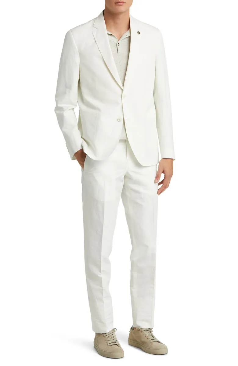 Casual 2 Piece White Linen Double Button Men's Suit (Blazer Pants）