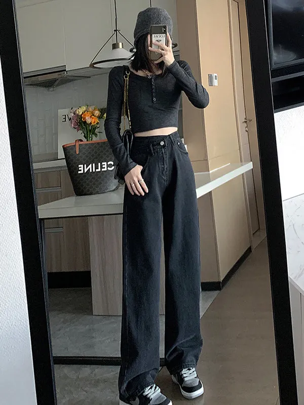 Casual High Waisted Denim Wide Leg Jean Pants