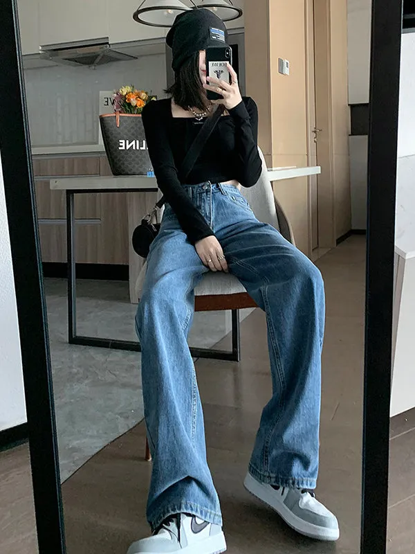 Casual High Waisted Denim Wide Leg Jean Pants