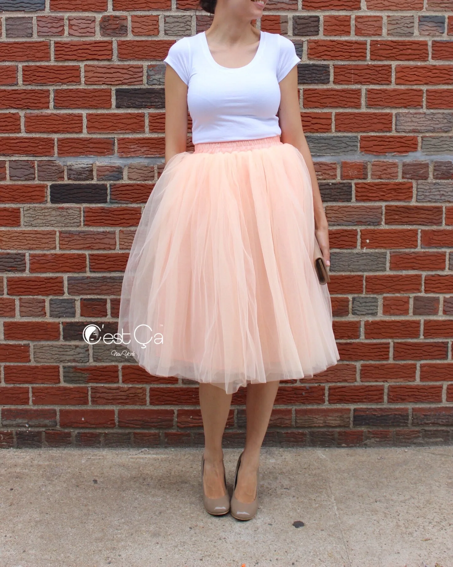 Claire Blush Peach Soft Tulle Skirt - Below Knee Midi