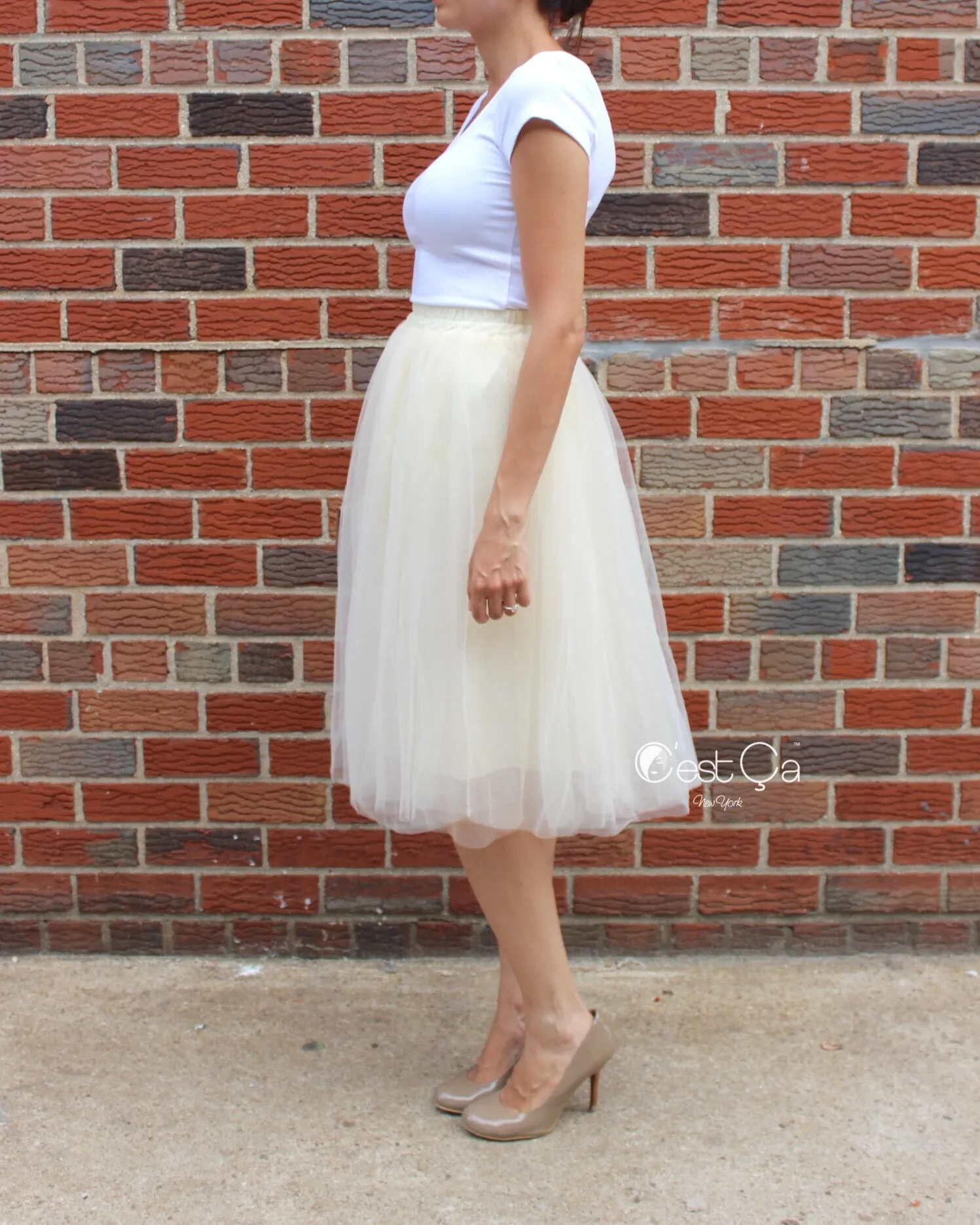 Claire Champagne Soft Tulle Skirt - Below Knee Midi