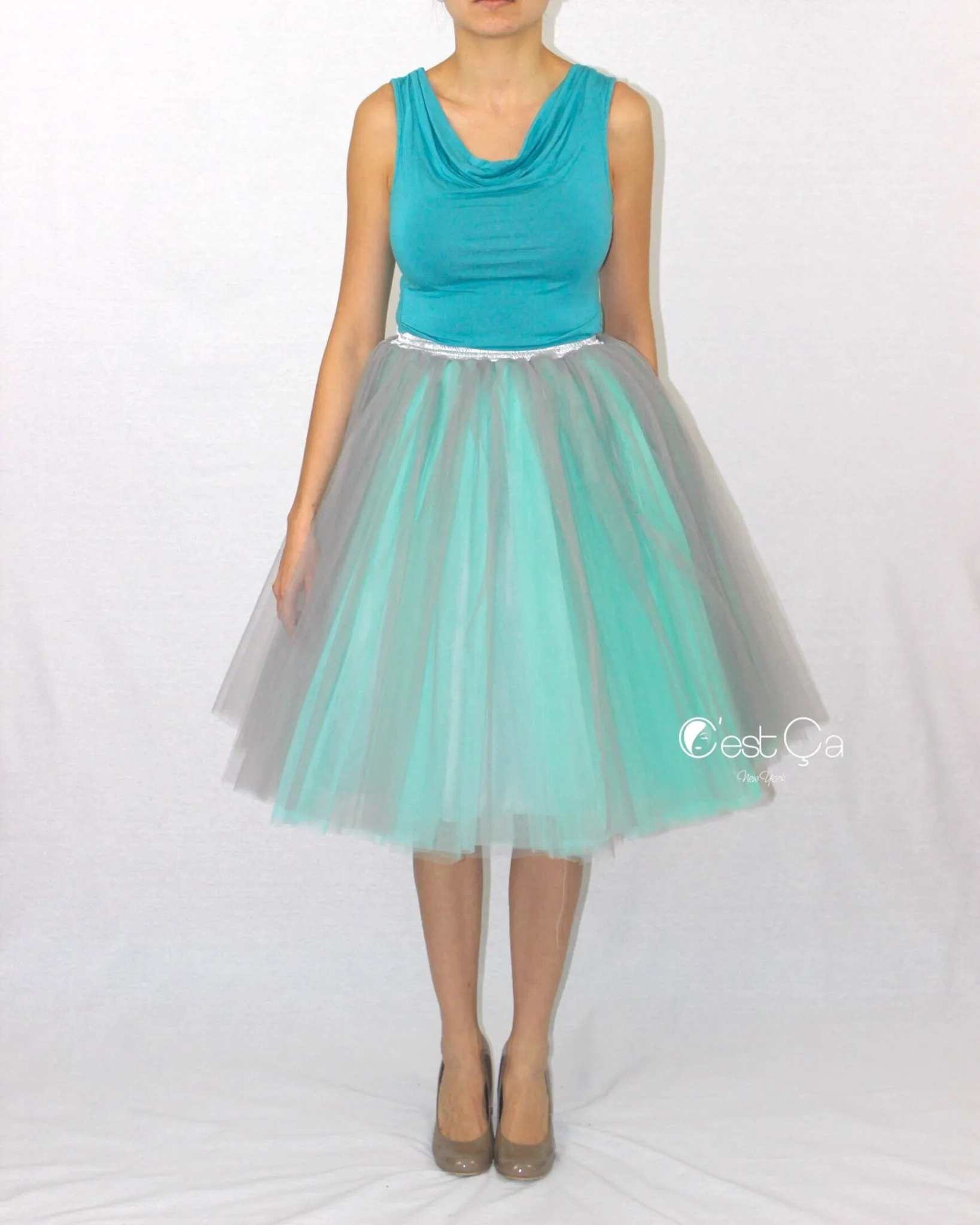 Clarisa Ombré Tulle Skirt - Dove Gray & Mint Green, Midi