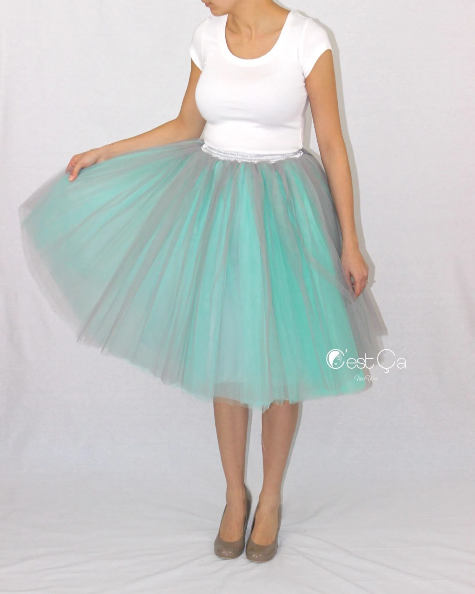 Clarisa Ombré Tulle Skirt - Dove Gray & Mint Green, Midi