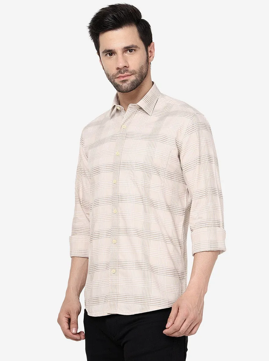 Cream Checked Slim Fit Semi Casual Shirt | JadeBlue