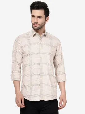 Cream Checked Slim Fit Semi Casual Shirt | JadeBlue