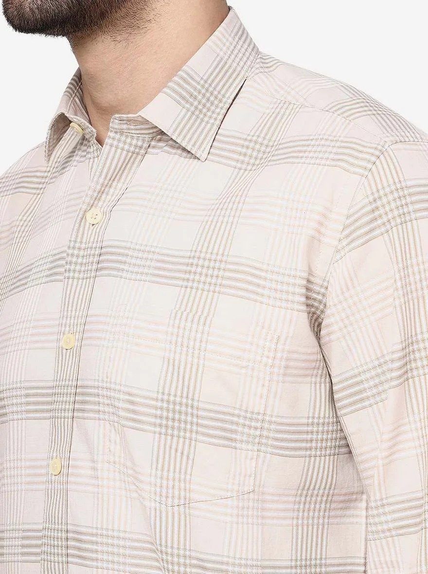 Cream Checked Slim Fit Semi Casual Shirt | JadeBlue