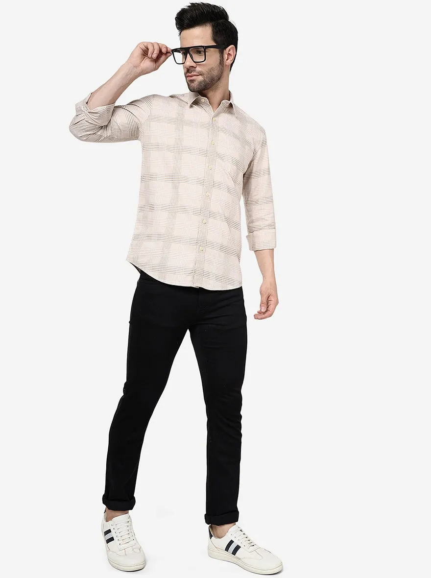 Cream Checked Slim Fit Semi Casual Shirt | JadeBlue