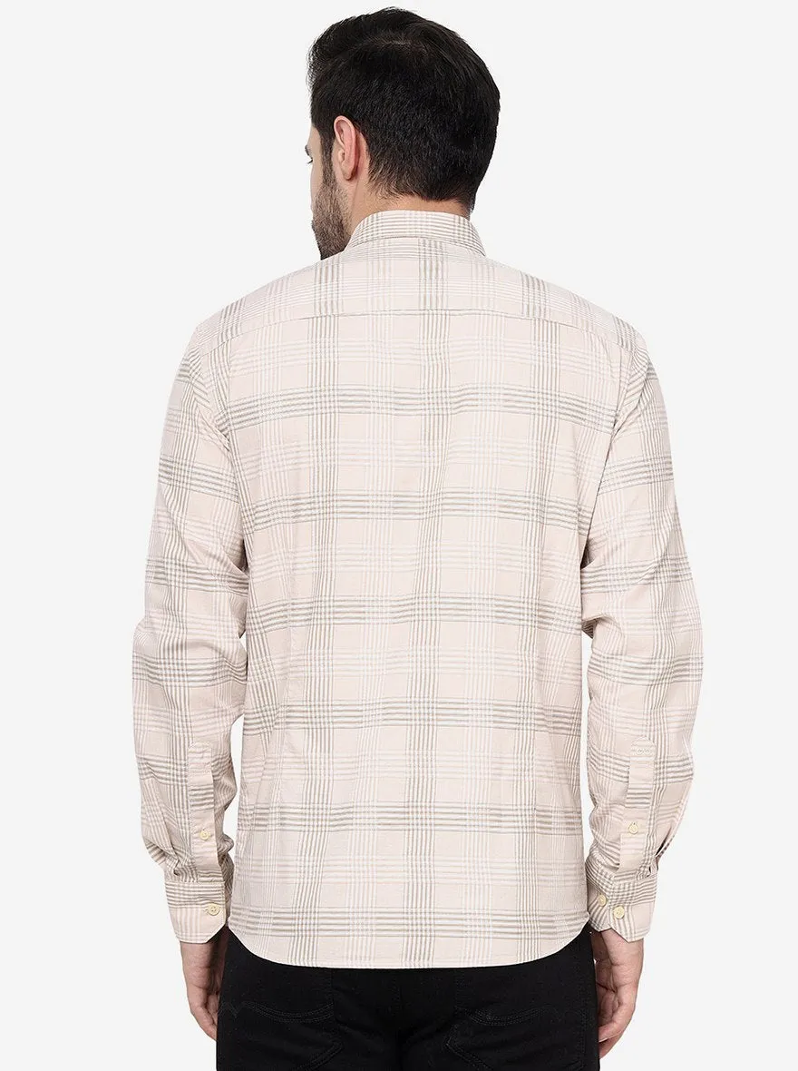 Cream Checked Slim Fit Semi Casual Shirt | JadeBlue